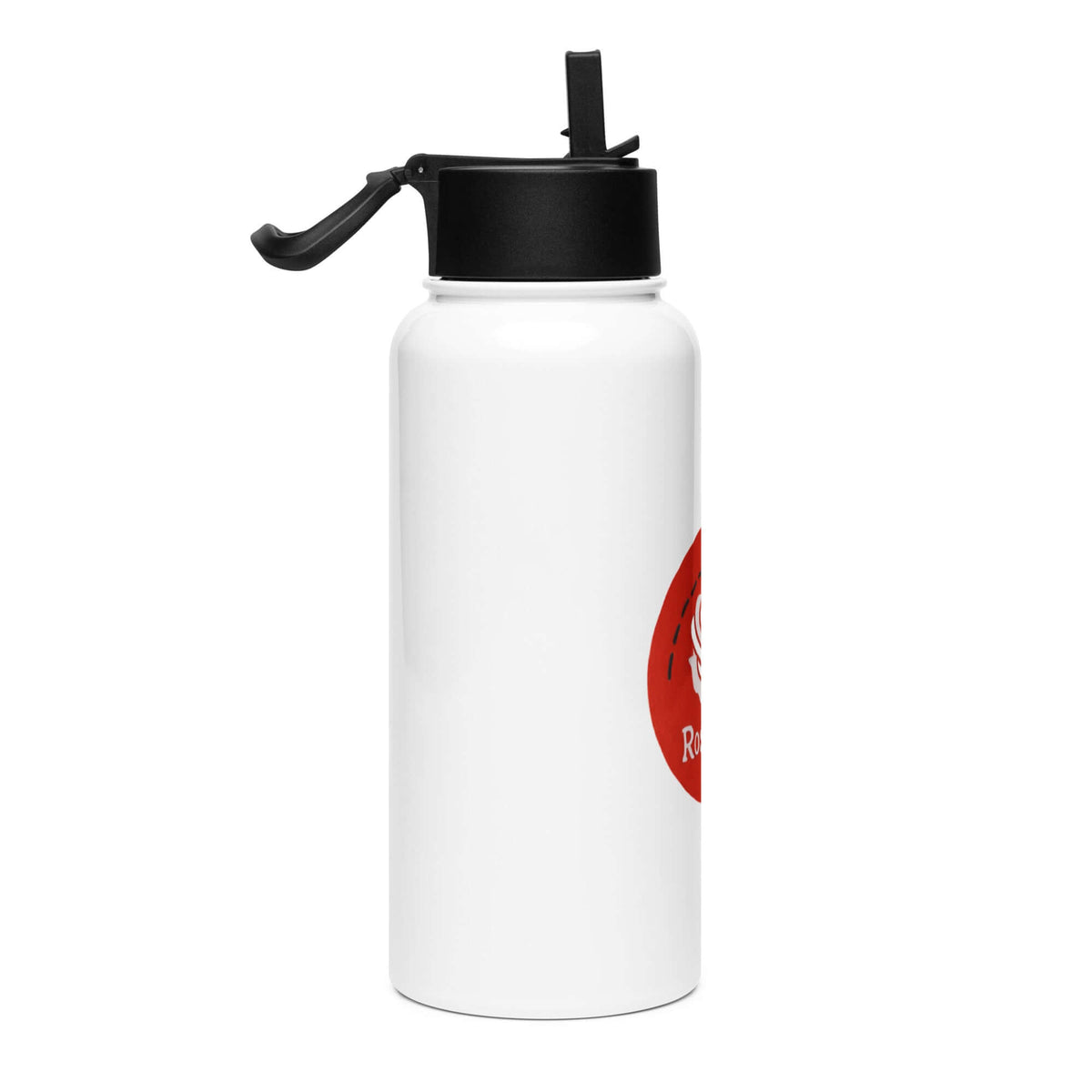 Stainless steel water bottle with a straw lid side view